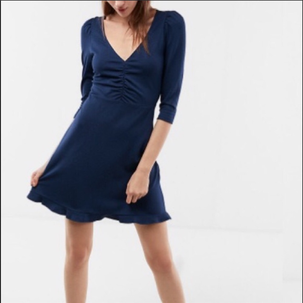 Express Navy Blue V Neck Fit and Flare Dress
